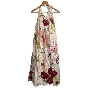 Old Navy Womens Maxi Dress Medium Beige Floral Linen Halter VTG Linen Hippie
